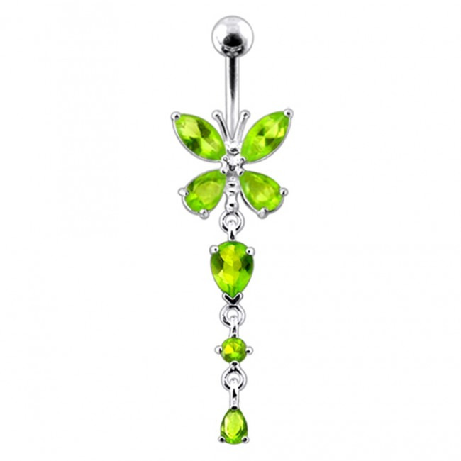 Šperky4U Stříbrný piercing do pupíku - motýlek se světle zelenými zirkony - BP01142-G