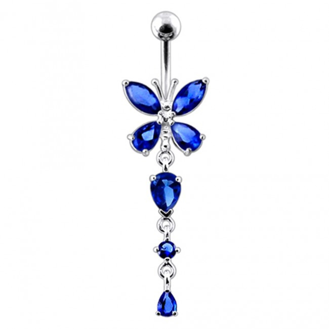 Šperky4U Stříbrný piercing do pupíku - motýlek s tmavě modrými zirkony - BP01142-B