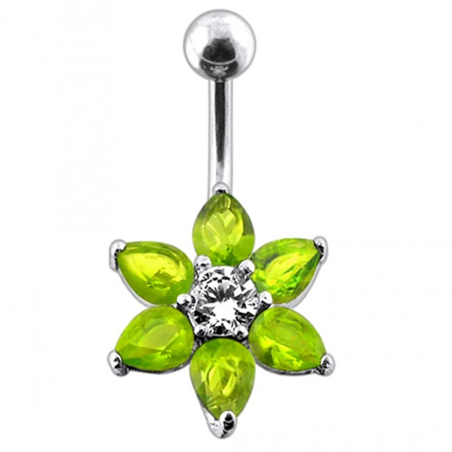 Šperky4U Stříbrný piercing do pupíku - kytička, světle zelené zirkony - BP01030-G