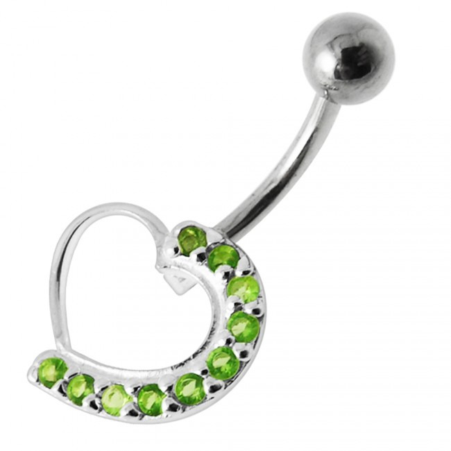 Šperky4U Stříbrný piercing do pupíku - srdce, světle zelené zirkony - BP01031-G
