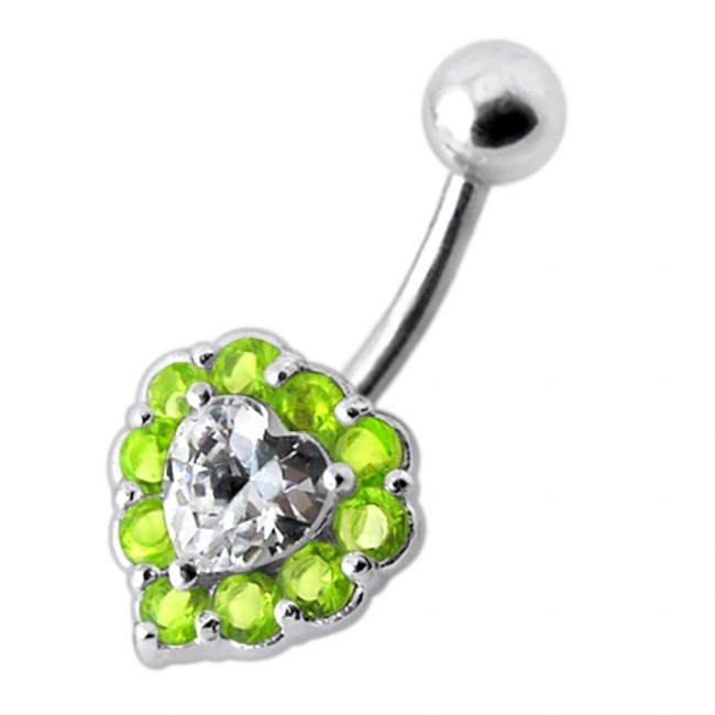 Šperky4U Stříbrný piercing do pupíku - srdce, světle zelené zirkony - BP01033-G