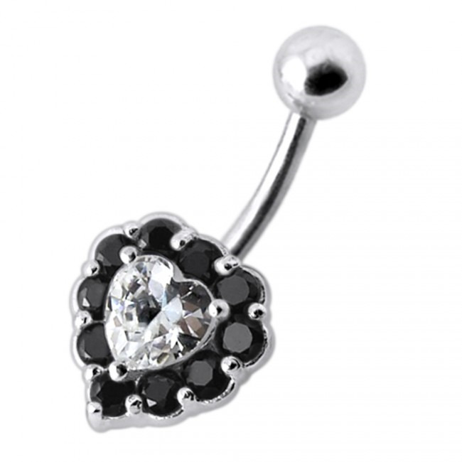 Šperky4U Stříbrný piercing do pupíku - srdce, černé zirkony - BP01033-K