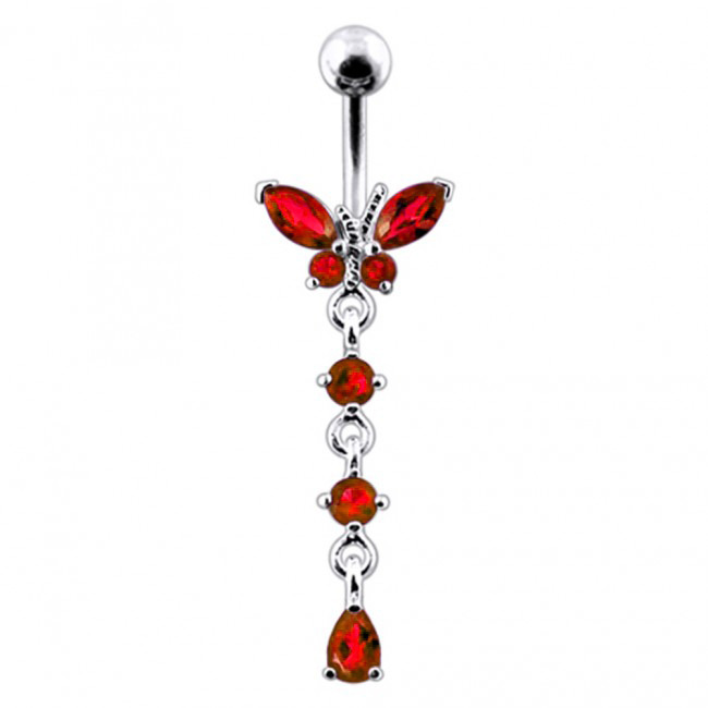 Šperky4U Stříbrný piercing do pupíku - motýlek, červené zirkony - BP01302-R