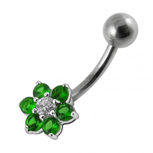 Šperky4U Stříbrný piercing do pupíku - kytička, tmavě zelené zirkony - BP01018-E