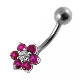 Šperky4U Stříbrný piercing do pupíku - kytička, tmavě růžové zirkony - BP01018-F