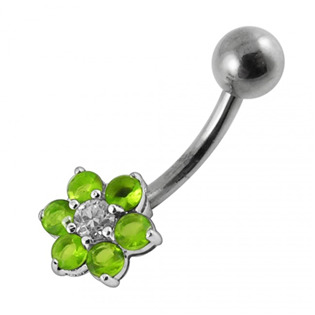 Šperky4U Stříbrný piercing do pupíku - kytička, světle zelené zirkony - BP01018-G