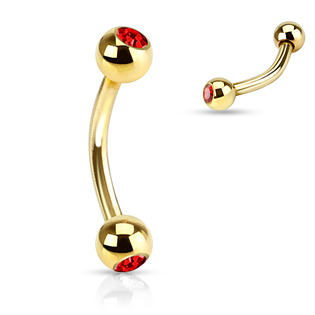 Levně Pozlacený piercing do obočí - červené kamínky - OB01088-R