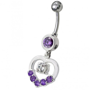 Levně Stříbrný piercing do pupíku - srdíčko, tmavě fialové zirkony - BP01209-A