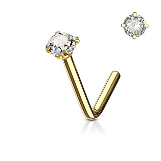 Levně Zlacený zahnutý piercing do nosu, čirý kamínek - N0173-GD