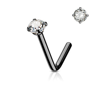 Levně Černý zahnutý piercing do nosu, čirý kamínek - N0173-KC