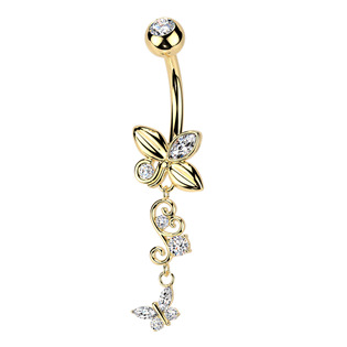 Levně Zlacený visací piercing do pupíku s motýlky - WP0117-GD
