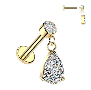 Levně Zlacený piercing do ucha - labreta se zavěšeným kamínkem - LB1151-GD