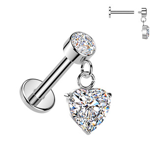 Levně Piercing do ucha - labreta se zavěšeným srdíčkem - LB1153