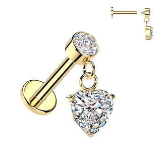 Levně Zacený piercing do ucha - labreta se zavěšeným srdíčkem - LB1153-GD