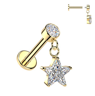 Levně Zlacený piercing do ucha - labreta se zavěšenou hvězdičkou - LB1152-GD