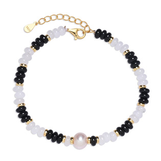 AU0078 Minerální náramek přírodní Bílý Jadeit, Obsidián a perlička, stříbro AG925