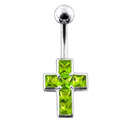 Stříbrný piercing do pupíku - křížek, světle zelené zirkony