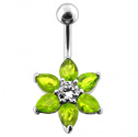 Stříbrný piercing do pupíku - kytička, světle zelené zirkony