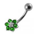 Stříbrný piercing do pupíku - kytička, tmavě zelené zirkony