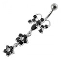 Stříbrný piercing do pupíku, černé zirkony