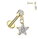 Zlacený piercing do ucha - labreta se zavěšenou hvězdičkou