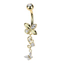Zlacený visací piercing do pupíku s motýlky