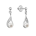 Zlaté 14 karátové náušnice slza visací bílé zlato s říční perlou a brilianty