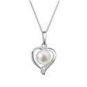 Zlatý 14 karátový náhrdelník srdce bílé zlato s bílou říční perlou a brilianty