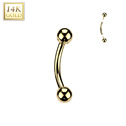 Zlatý piercing do obočí 1,2 x 6 mm, kuličky 3 mm, Au 585/1000
